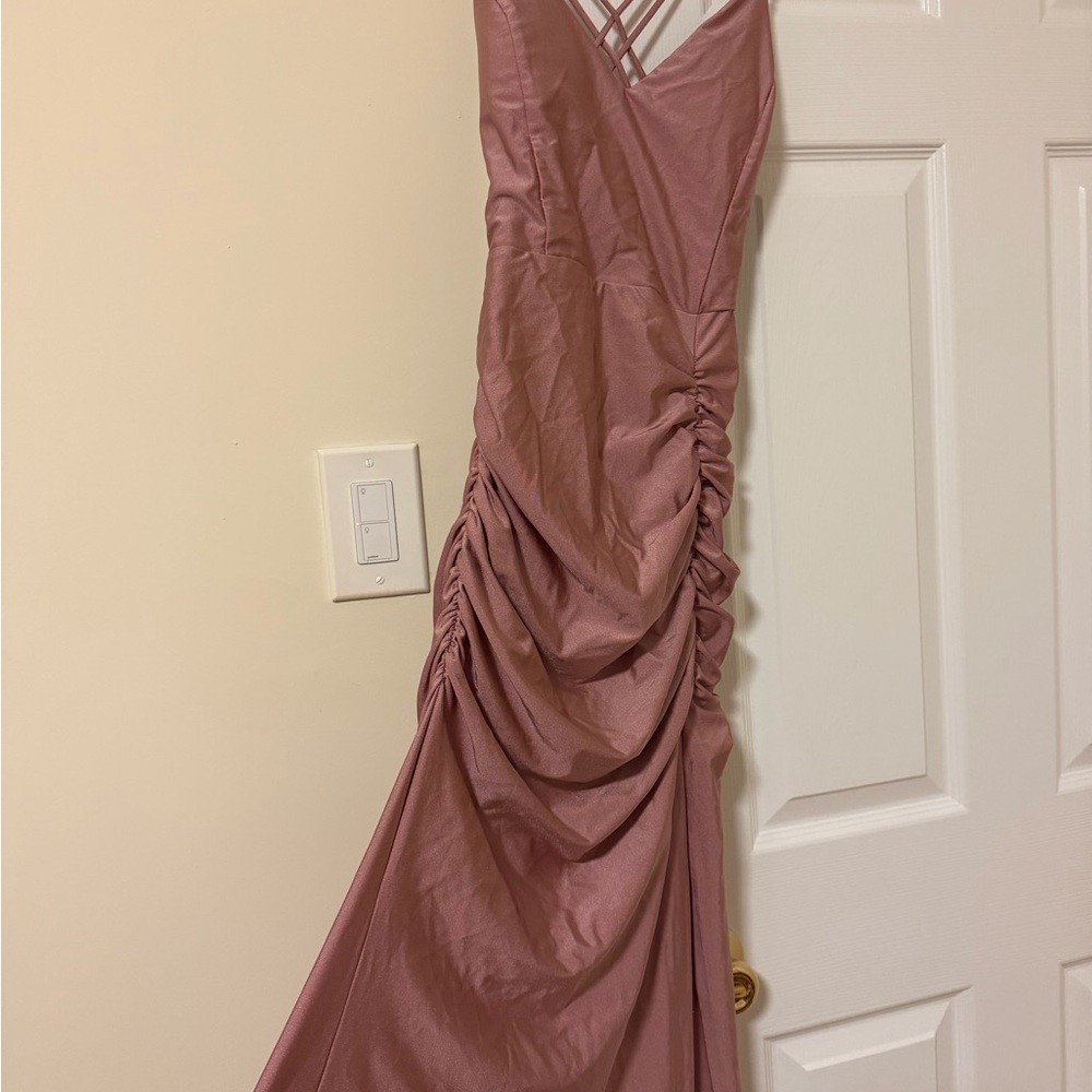 Women's Dusty Rose Ruched Satin Dress - Elegant V-Neck